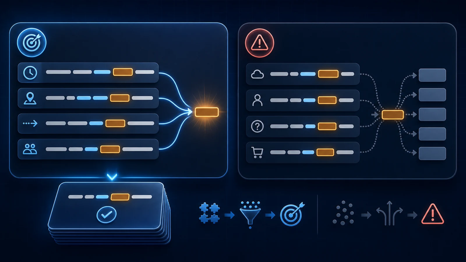 Instructional comparison of a focused Anki Cloze card whose context converges on one answer and an ambiguous card that branches to several plausible answers.