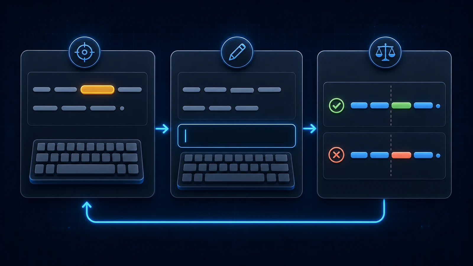 Three-step Anki typed-answer review flow from a focused prompt to keyboard input and a visual comparison of matching and mismatched answer segments.