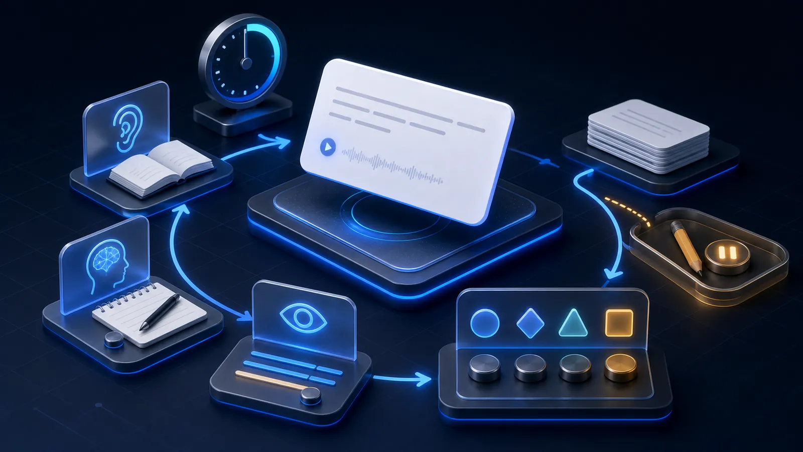 Isometric sentence-card review loop with audio, recall, rating controls, a 15-minute timer, and a tray for editing or suspending weak cards.