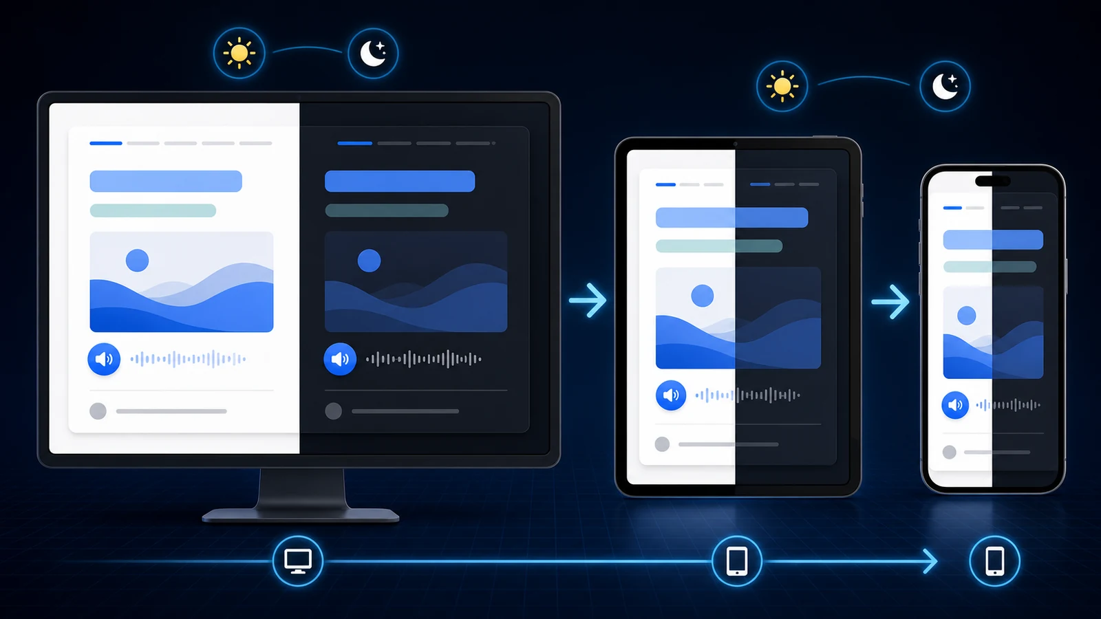 A language-learning Anki card reflowing from desktop to tablet and phone while preserving readable hierarchy, responsive media, and day and night themes.