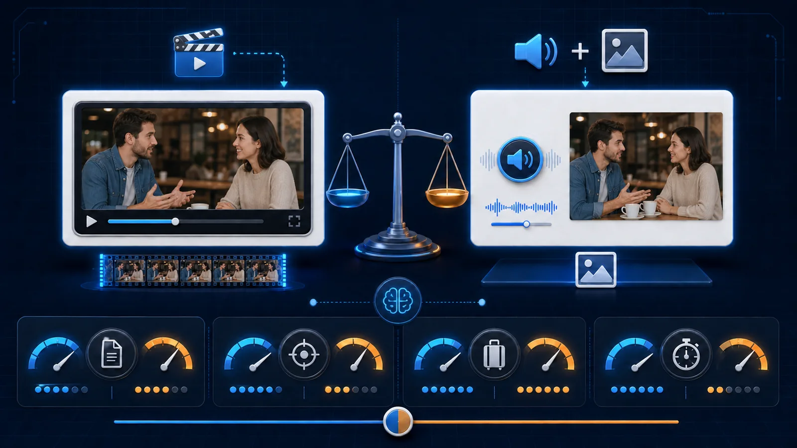 A short video-card format balanced against an audio-and-screenshot card across file, focus, portability, and speed gauges.