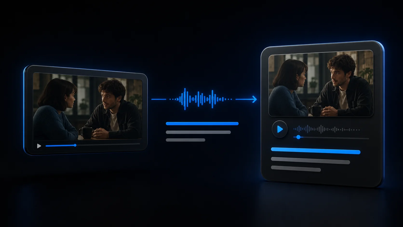 A video conversation becoming a focused multimedia flashcard with a scene image, audio waveform, and one highlighted sentence.