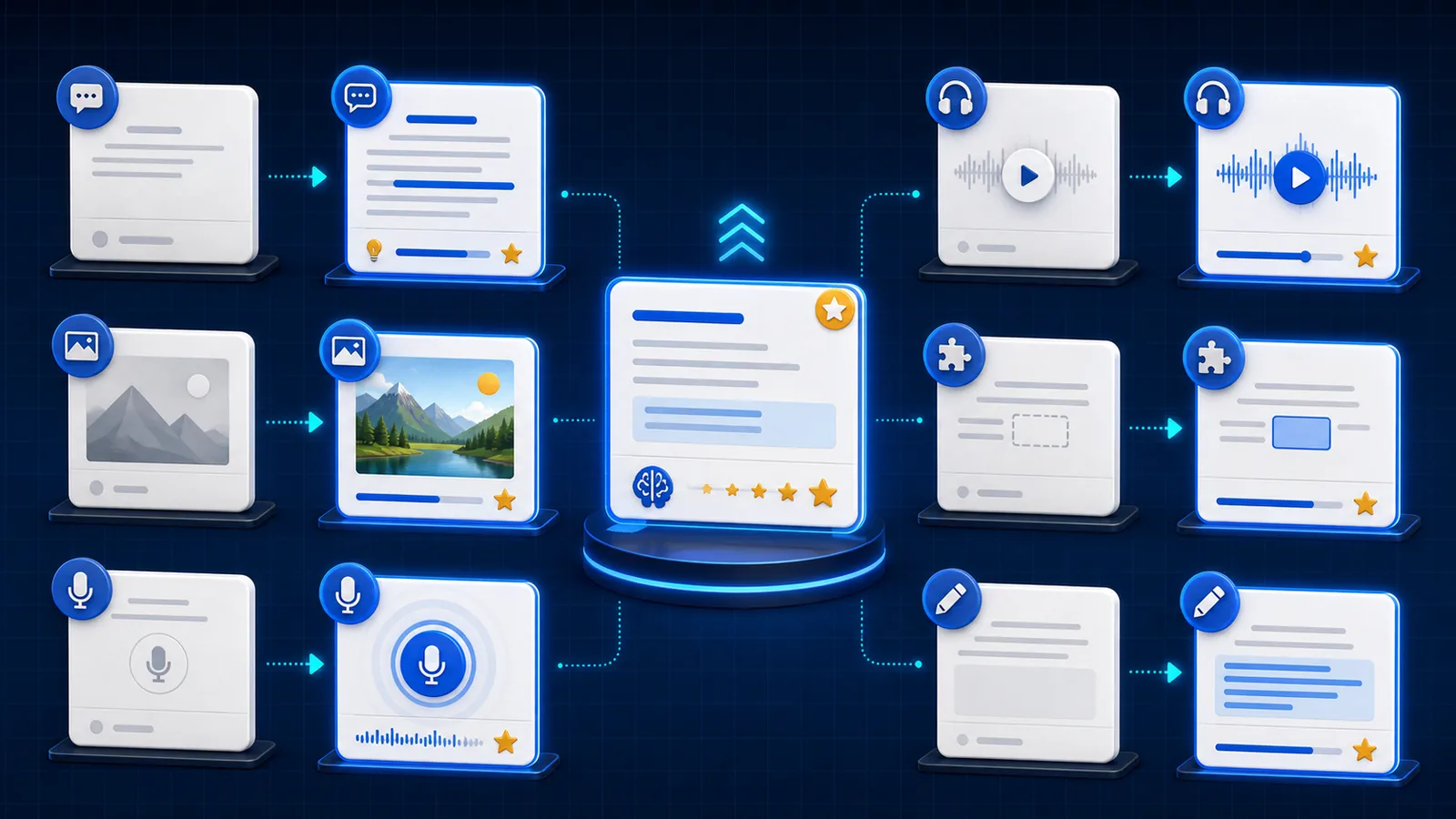 Six language-learning flashcard patterns shown as before-and-after improvements around one focused card.