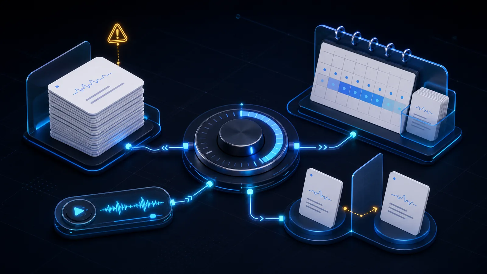 An isometric sentence-mining review system with a retention dial, audio control, daily card queue, calendar, and separated sibling cards.