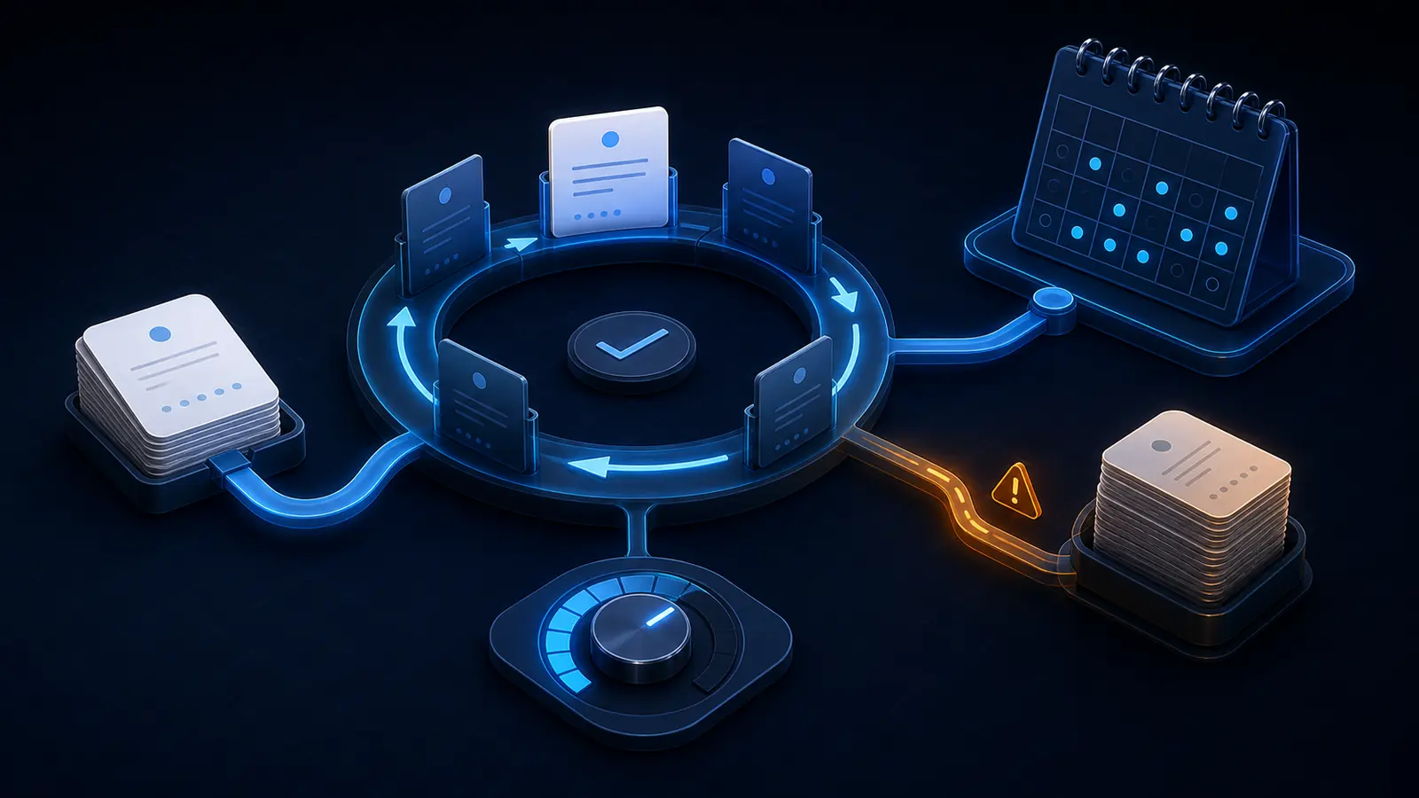 Isometric daily Anki capacity system with a manageable card stack entering a blue review loop, a seven-day calendar, a time-budget dial, and an amber overload branch.