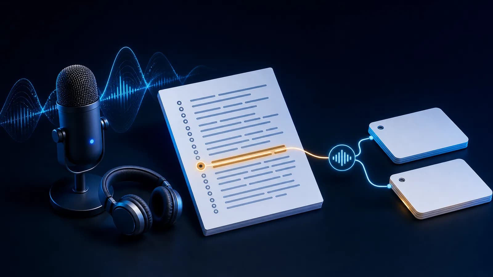 An isometric podcast microphone and headphones beside a transcript with one highlighted timestamp flowing into two blank study cards.