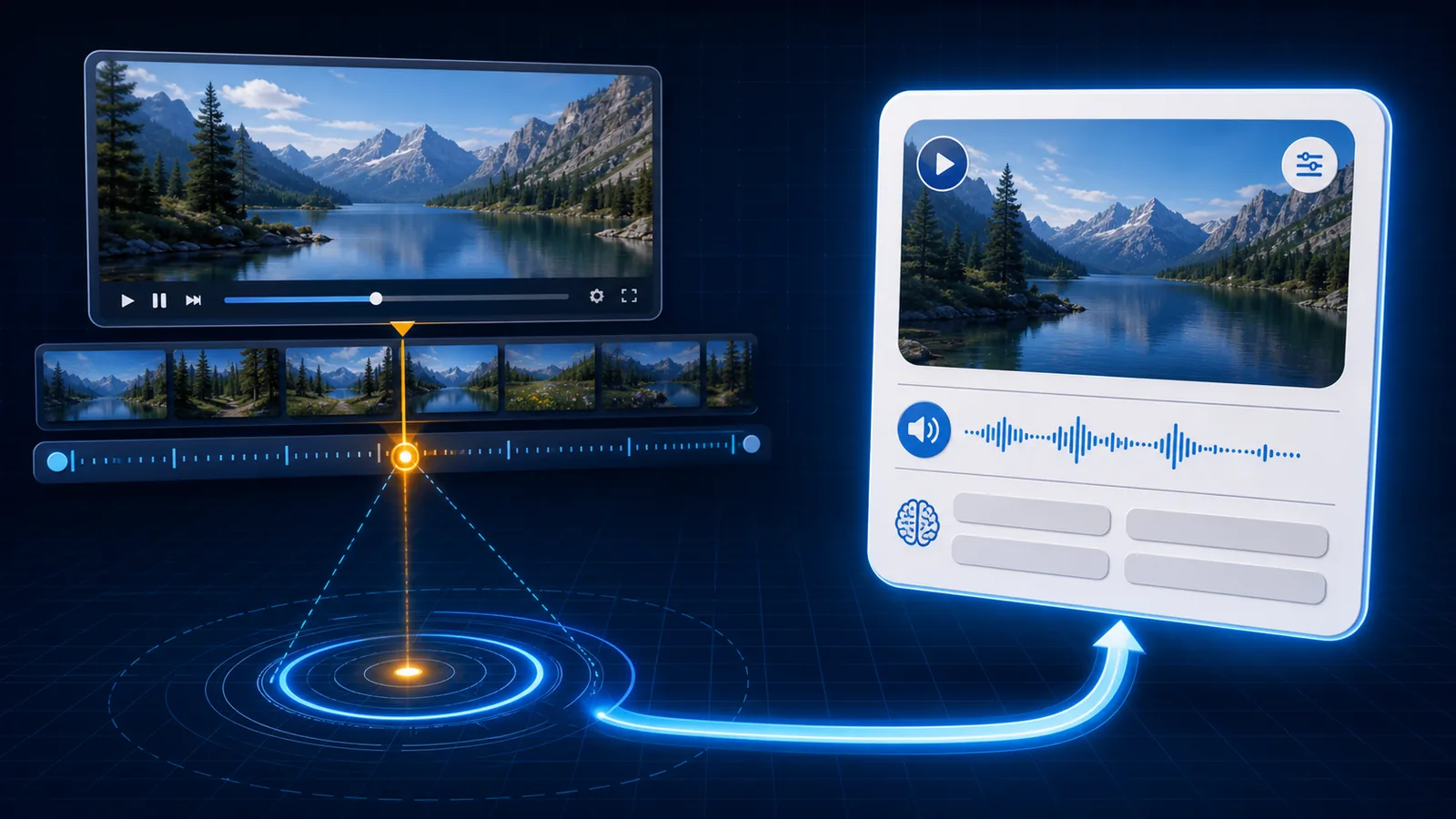 A marked moment on a video timeline linked to a multimedia flashcard and back to the exact original scene.