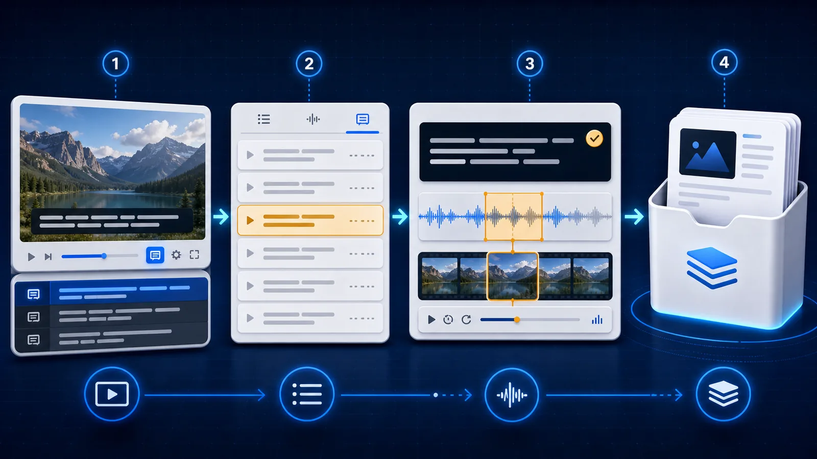 A permitted video and its caption track flowing through subtitle selection and audio alignment into a flashcard deck.